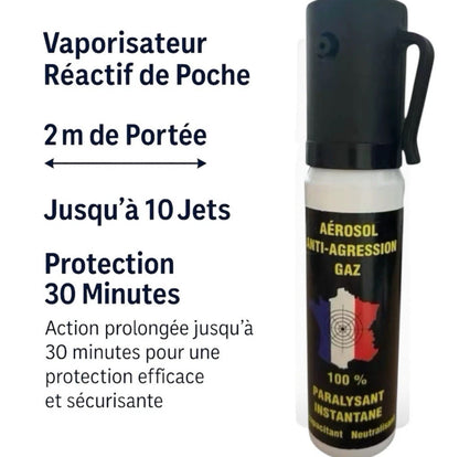 Gas protector individual en aerosol – 25 ml – Reactivo, tamaño de bolsillo – Alcance 2 m – 5 a 10 pulverizaciones – Efecto protector prolongado (hasta 30 min) – Formulado en Francia