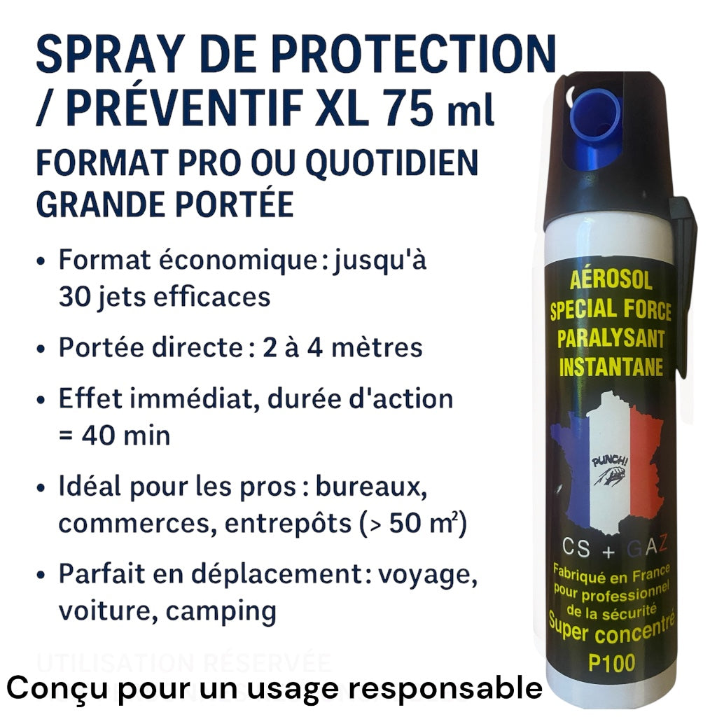 XL Personal Protection Spray – 75 ml – Optimal Range &amp; Immediate Effect – Ideal for Self-Employed, Tradespeople, Professionals, Daily Life &amp; Travel – Made in France